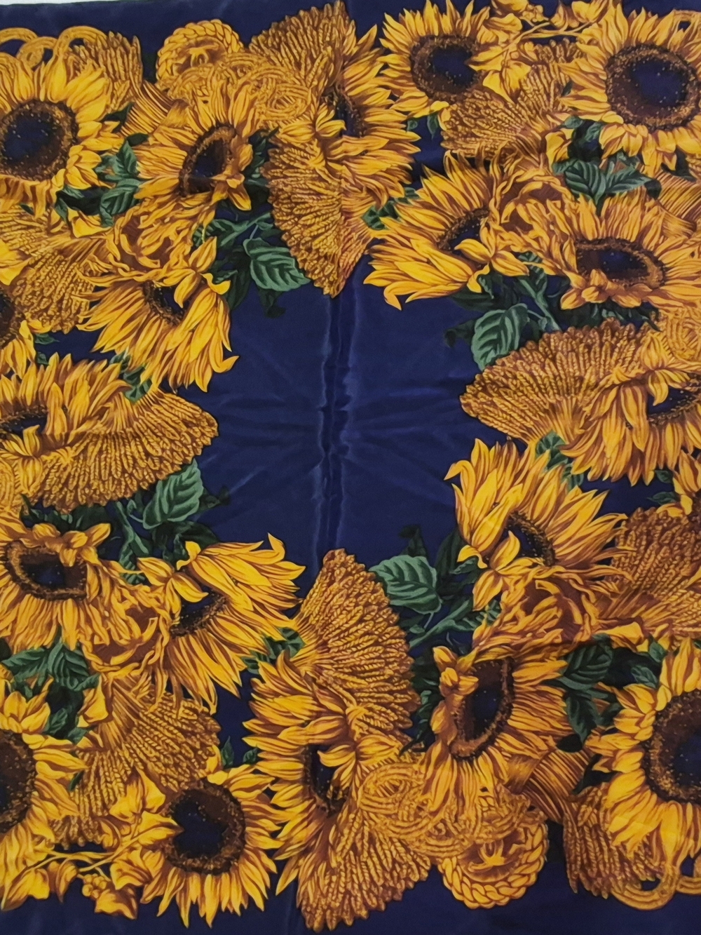 CHANEL Navy Silk Scarf with Yellow Sunflower And Wheat Motif - Picture 8 of 10